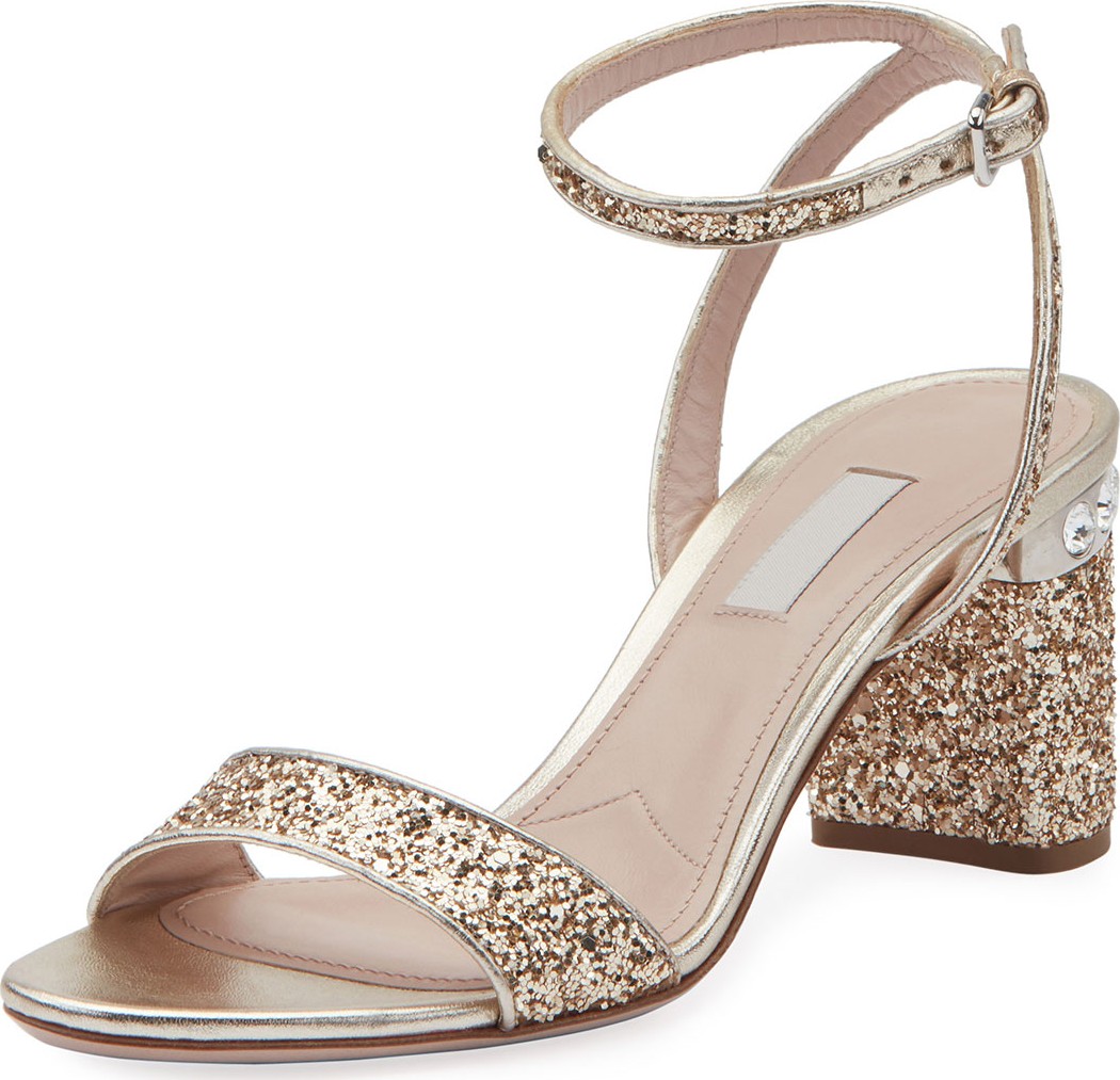 Miu Miu Glitter Crystal-Embellished Block-Heel Sandals