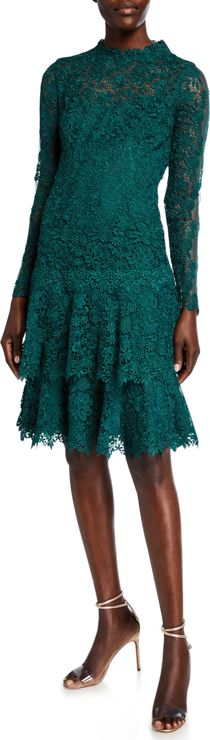 Rickie Freeman for Teri Jon Floral Lace Mock-Neck Long-Sleeve Tiered Dress