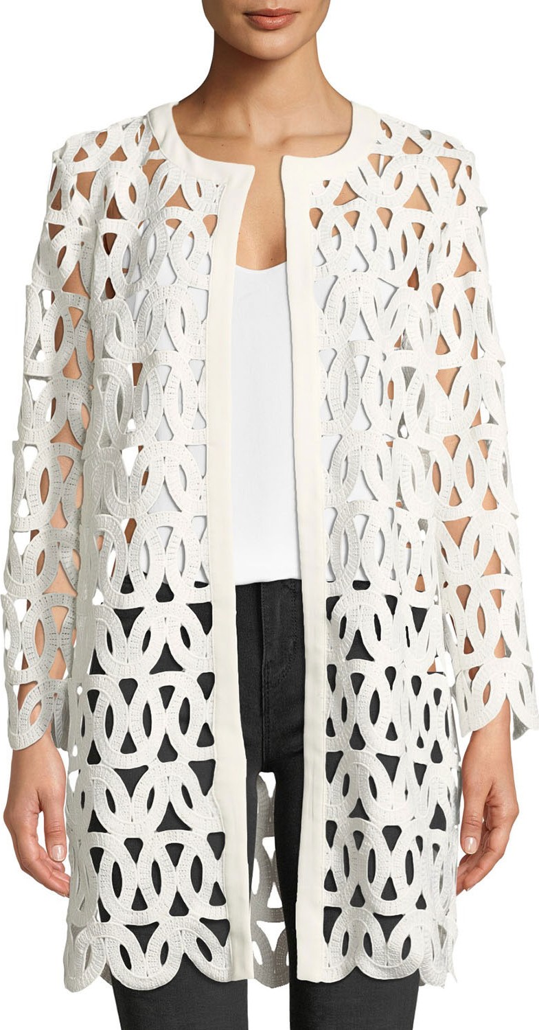 MILLY Long-Sleeve Open-Front Sheer Lace Embroidered Coat