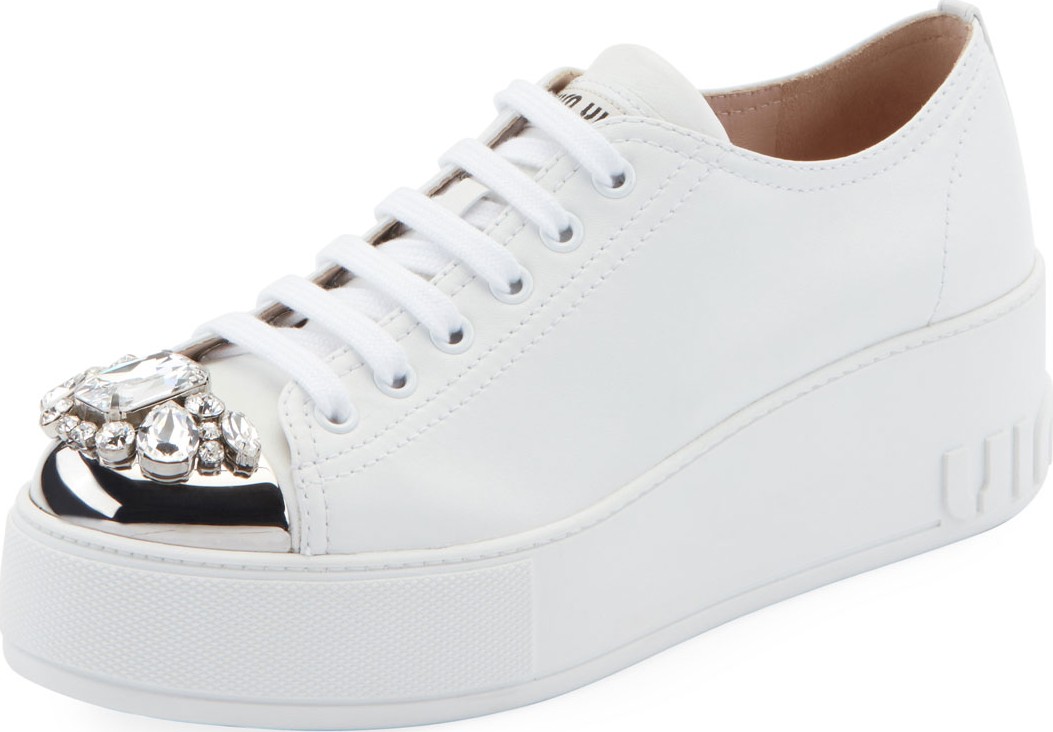 Miu Miu Jeweled Leather Platform Sneakers