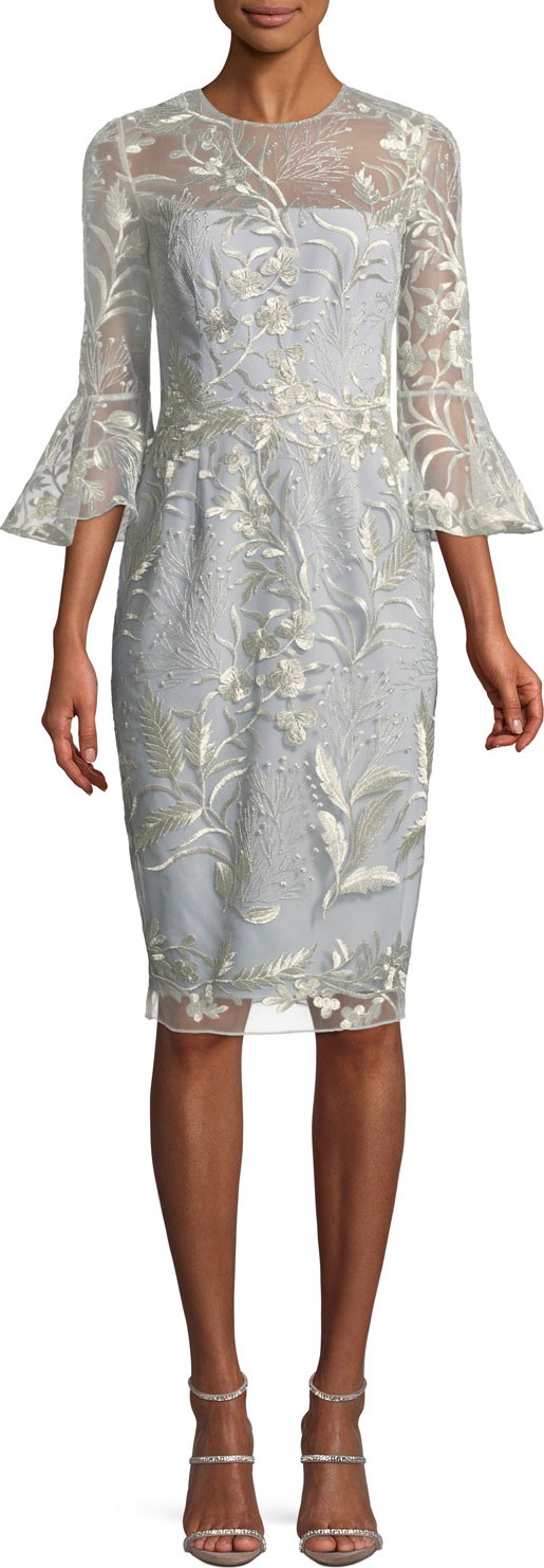 David Meister Embroidered Trumpet-Sleeve Cocktail Dress
