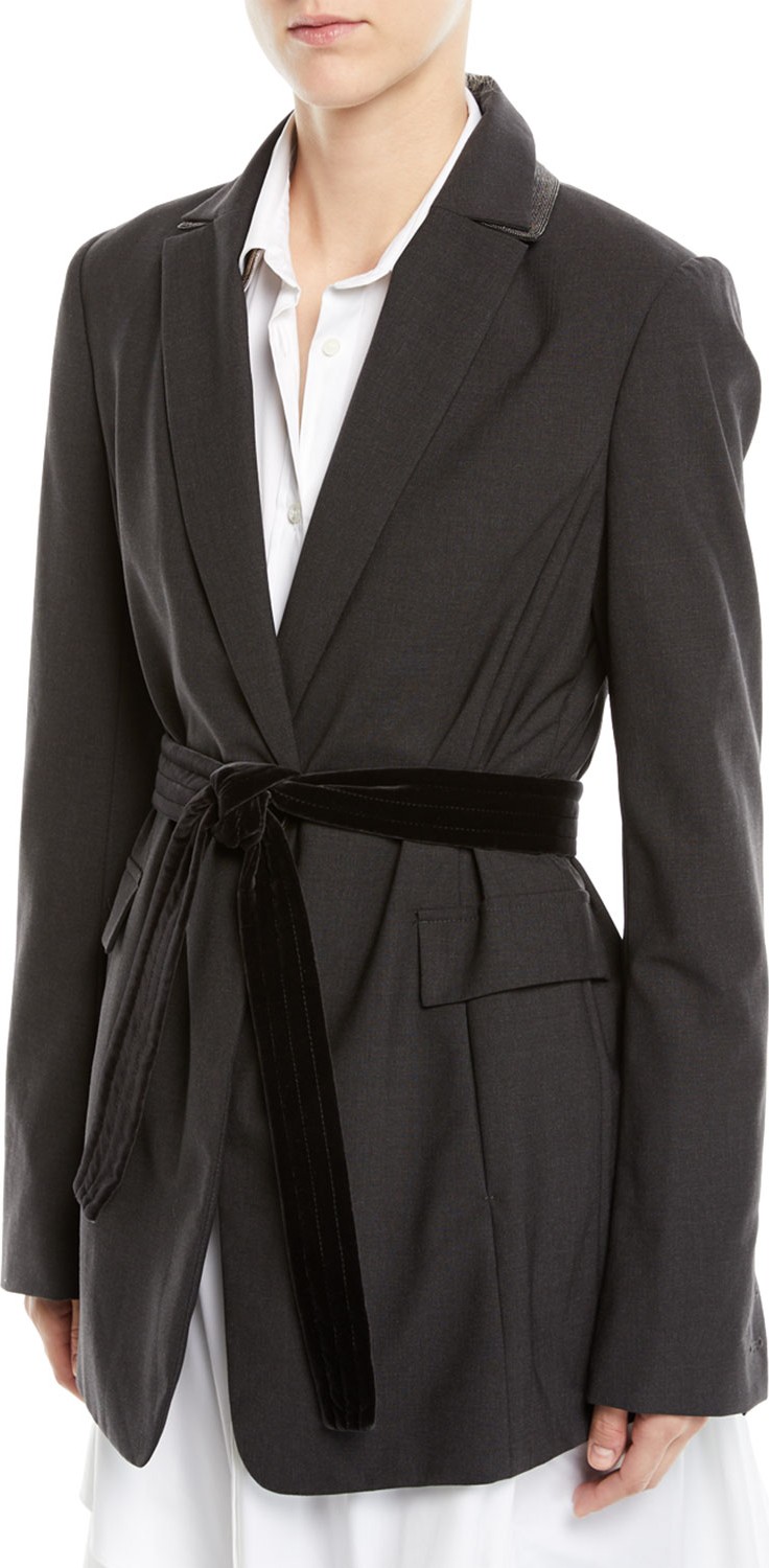 Brunello Cucinelli Long Lightweight Wool Blazer Jacket with Velvet Belt