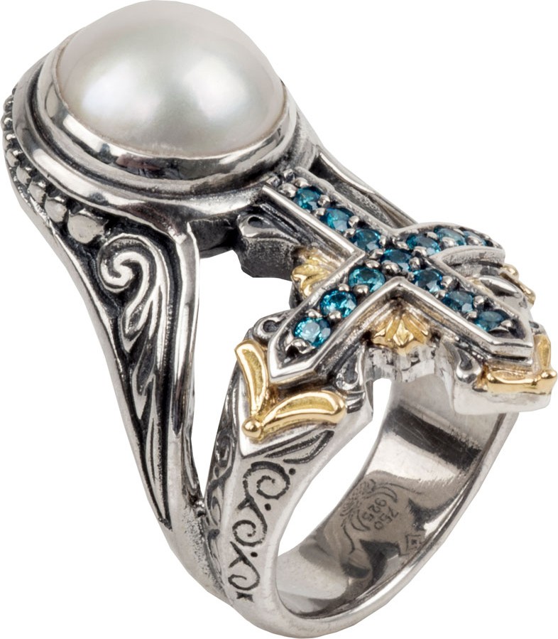 Konstantino Thalia Pearl & Blue Spinel Cross Ring, Size 7