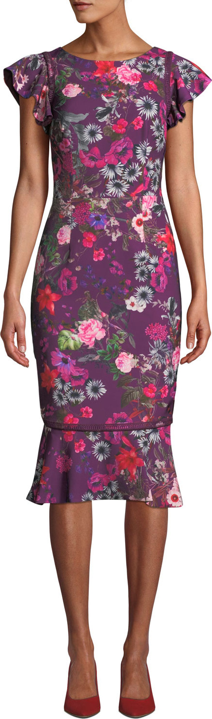 David Meister Floral Flutter-Sleeve Flounce Dress