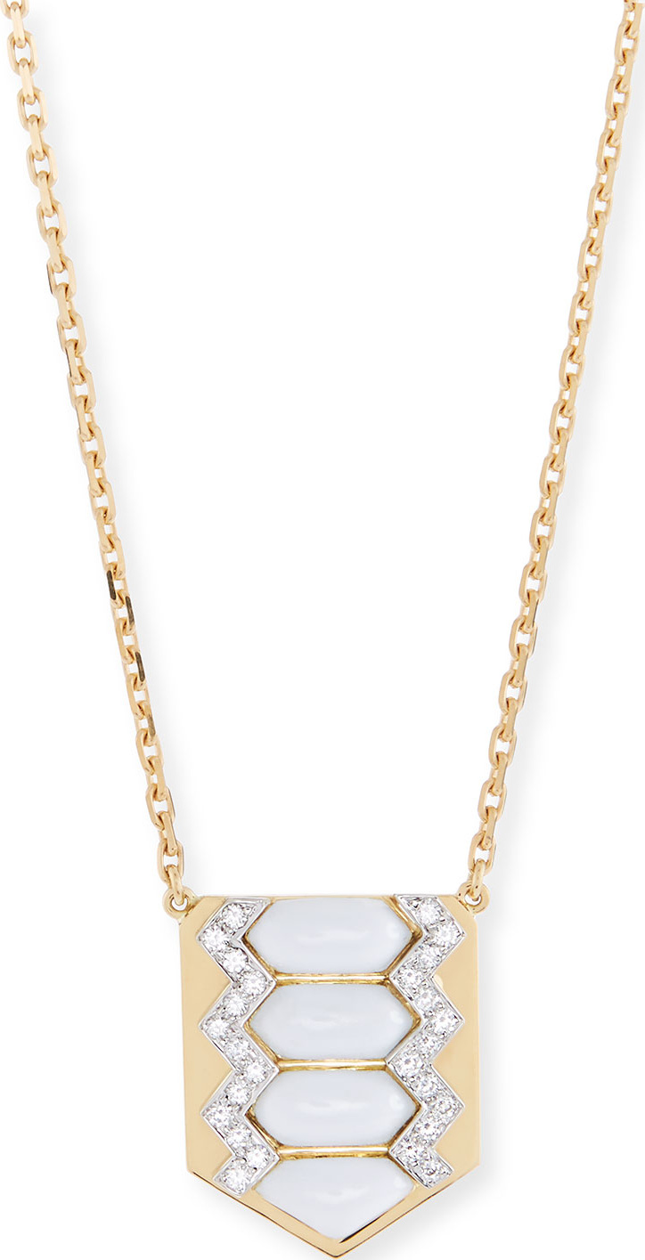 David Webb Motif Diamond & White Enamel Shield Necklace