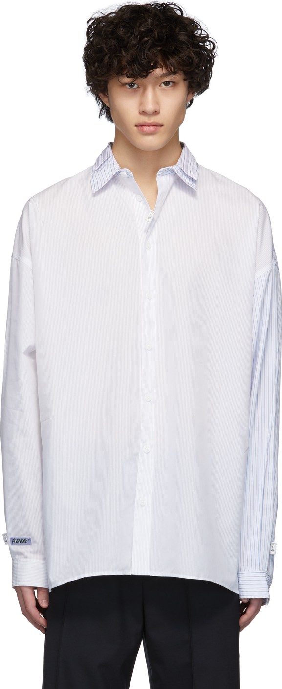 ADER error White & Blue Unbalanced Double Collar Shirt
