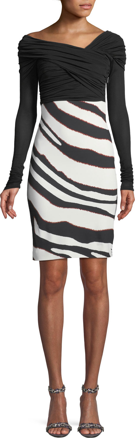 Roberto Cavalli Bateau-Neck Long-Sleeve Ruched-Top Zebra-Print Bottom Dress