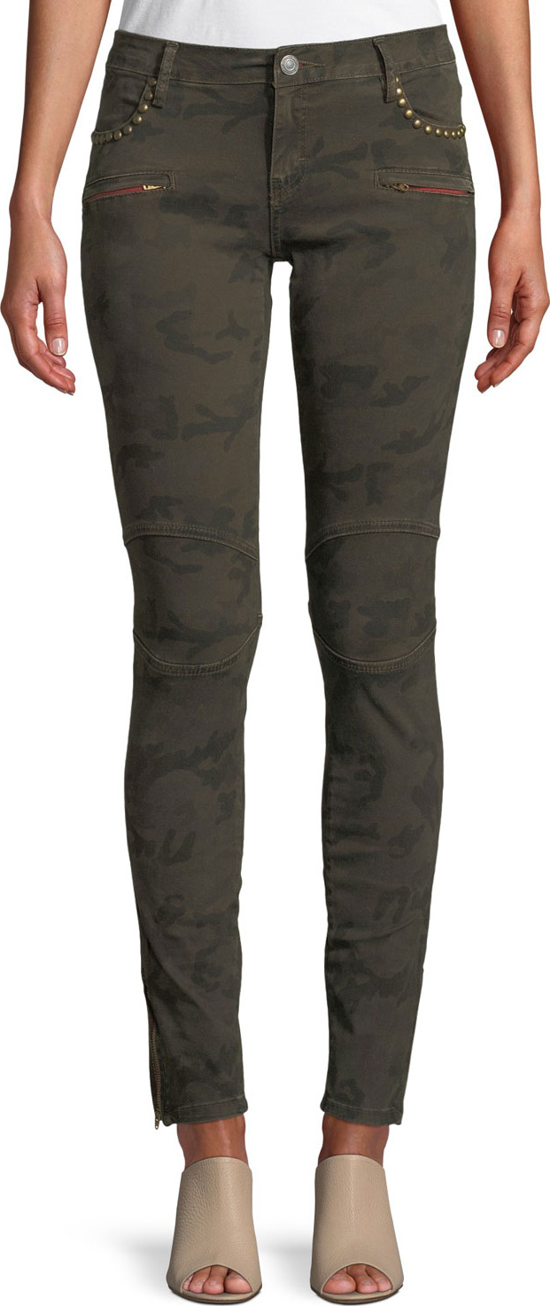 Etienne Marcel Studded Camo-Print Skinny Jeans w/ Zipper Cuffs