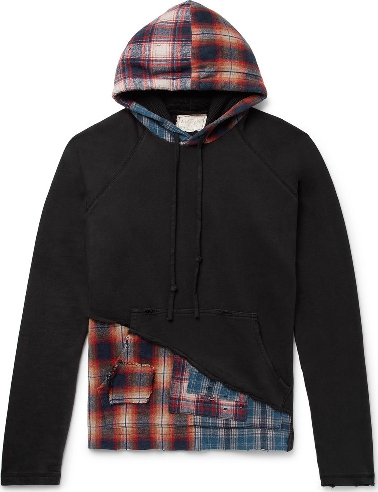 Greg Lauren Panelled Distressed Loopback Cotton-Jersey and Checked Cotton-Flannel Hoodie