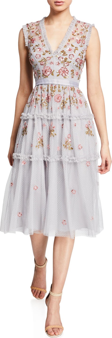 Needle & Thread Carnation Sequined Ruffle Tulle Cocktail Dress