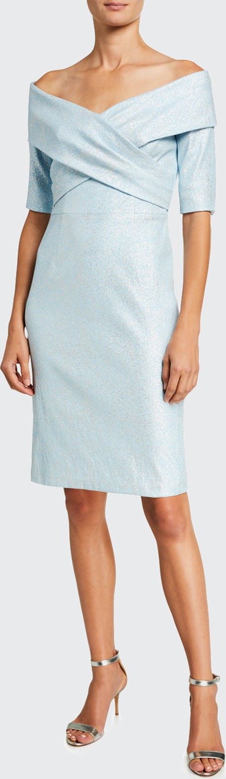 Rickie Freeman for Teri Jon Metallic Off-the-Shoulder Cross-Front Dress