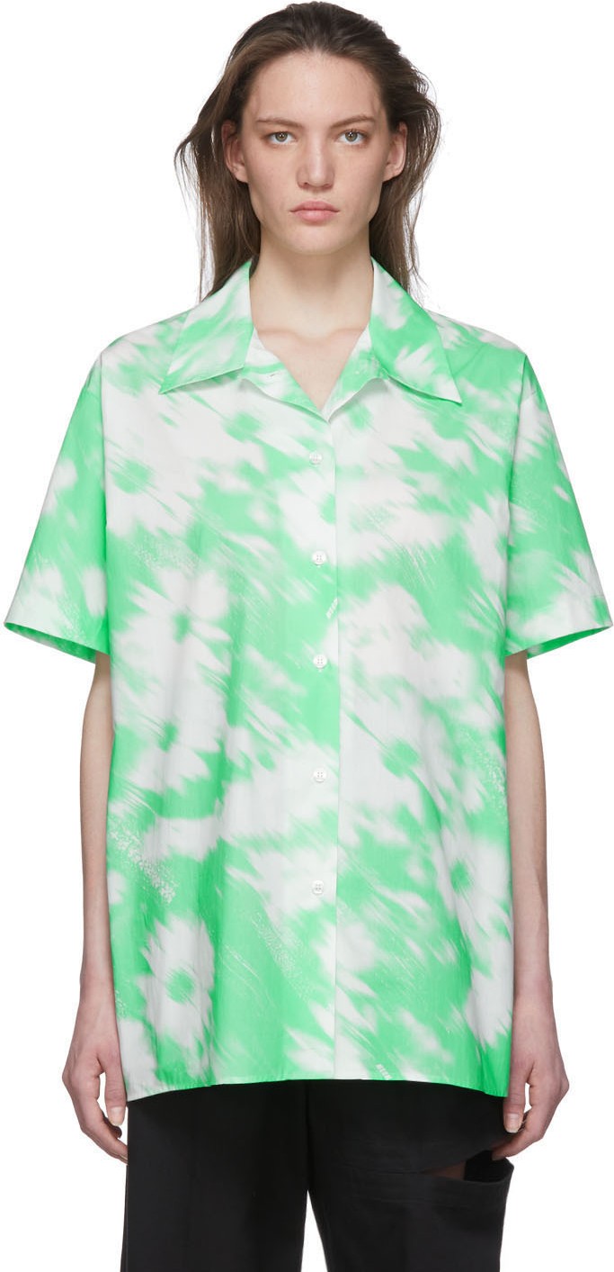 MSGM Green & White Watercolor Short Sleeve Shirt
