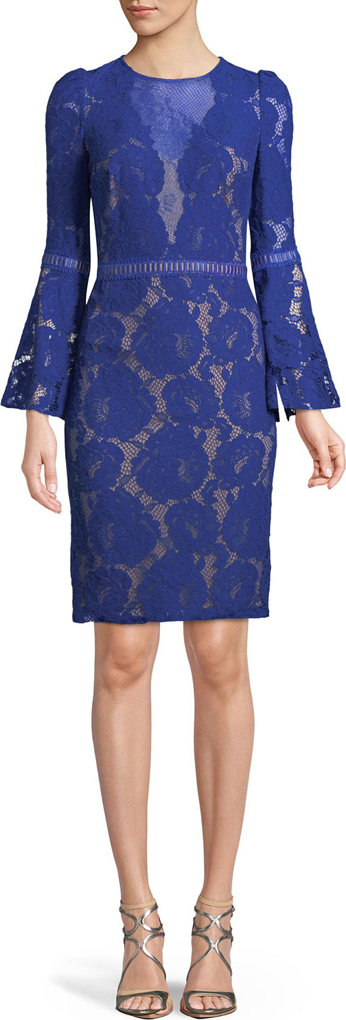 Tadashi Shoji High-Neck Bell-Sleeve Lace Cocktail Dress
