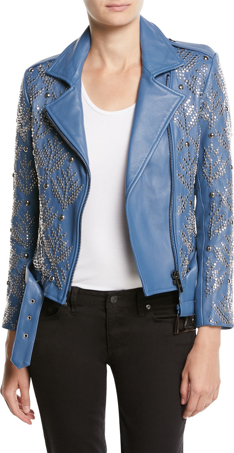 Nour Hammour Mary-Jane Zip-Front Studded Lamb Leather Moto Jacket