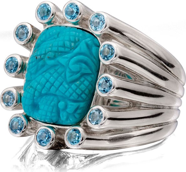 Stephen Dweck Carved Turquoise Silver Statement Ring w/ Blue Topaz