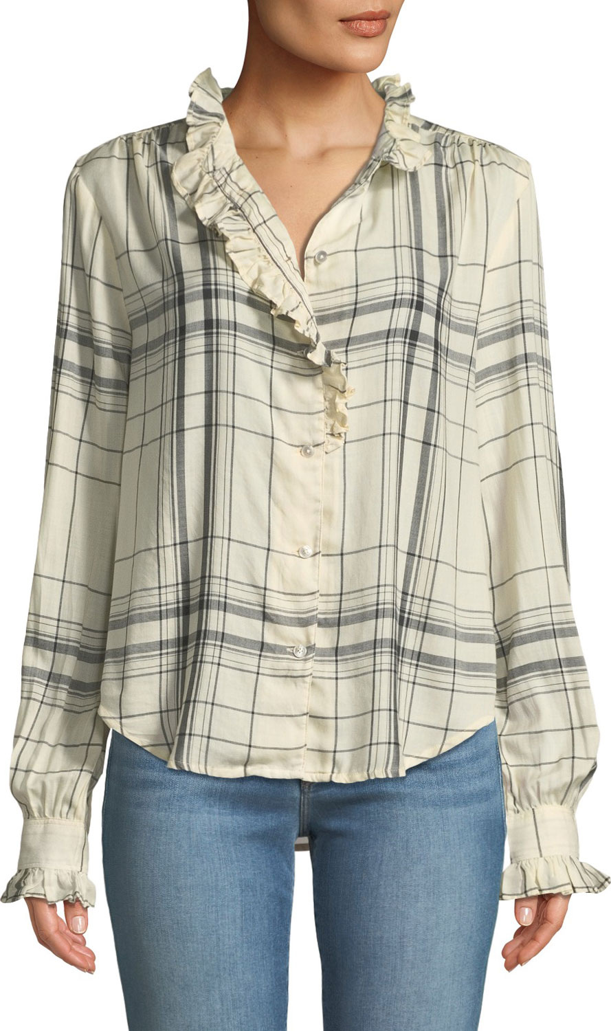 FRAME DENIM Ruffled Button-Front Long-Sleeve Plaid Shirt