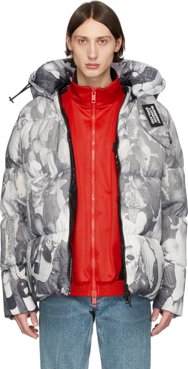 Burberry London England Grey Down Rave Print Puffer Jacket