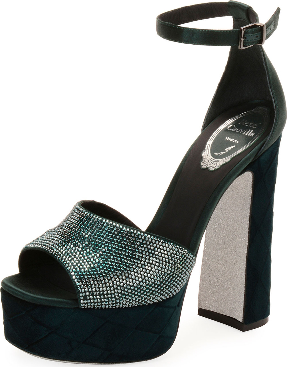 Rene Caovilla Satin and Velvet Ankle-Wrap Platform Sandal