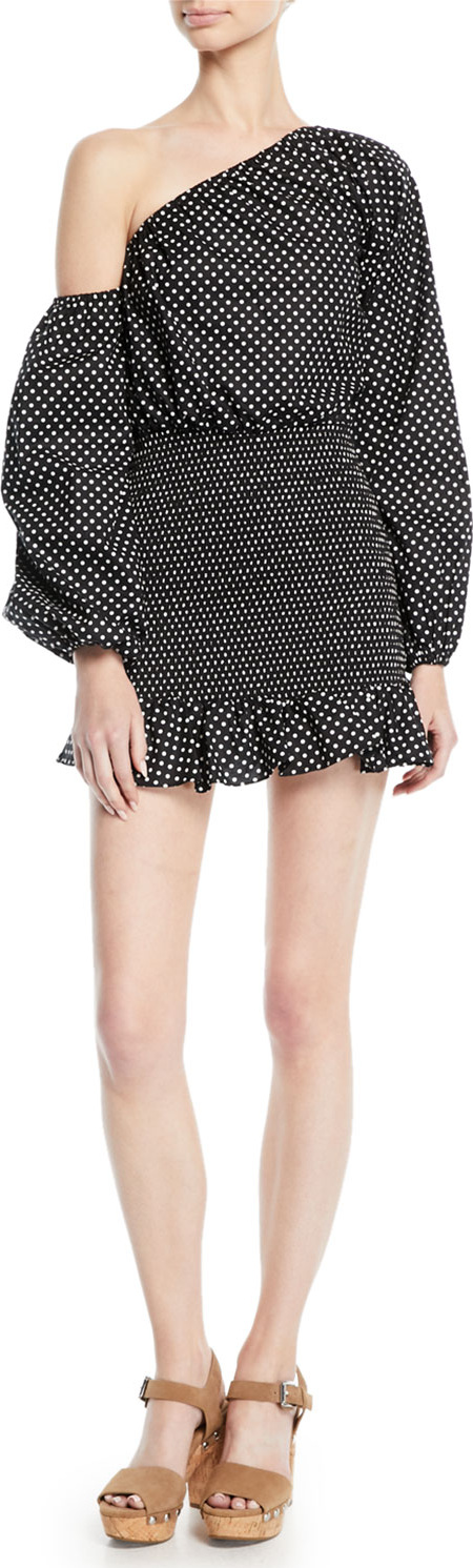 TULAROSA Cynthia Polka-Dot Flounce Blouson-Sleeve Mini Dress
