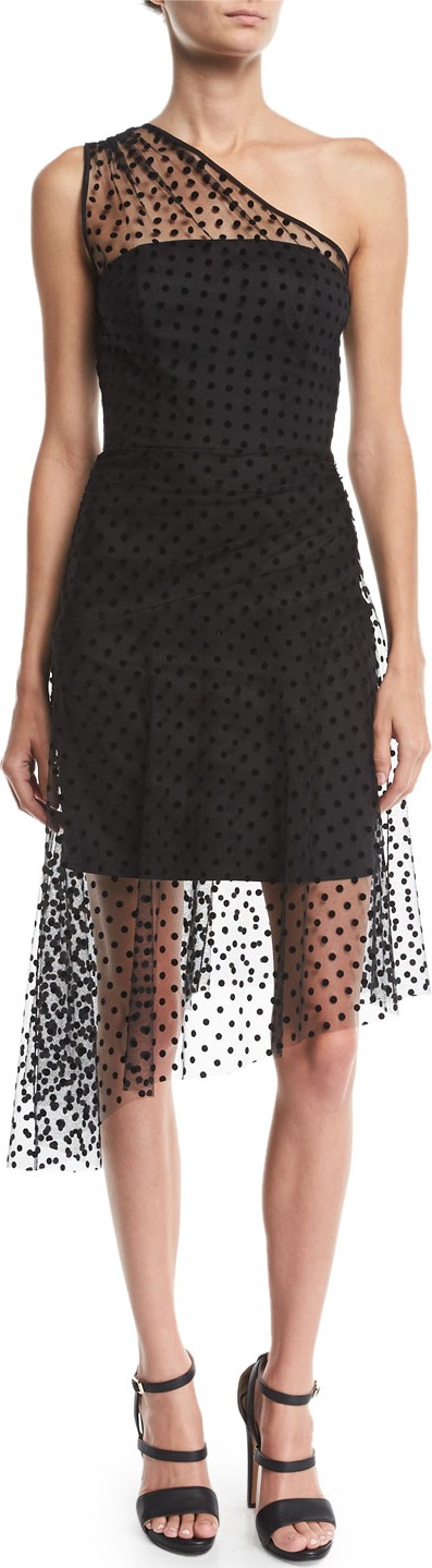 MILLY Sonia 1-Shoulder Flocked Dot Tulle Dress
