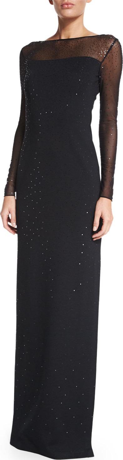 St. John Shimmery Milano Knit Long-Sleeve Gown, Caviar
