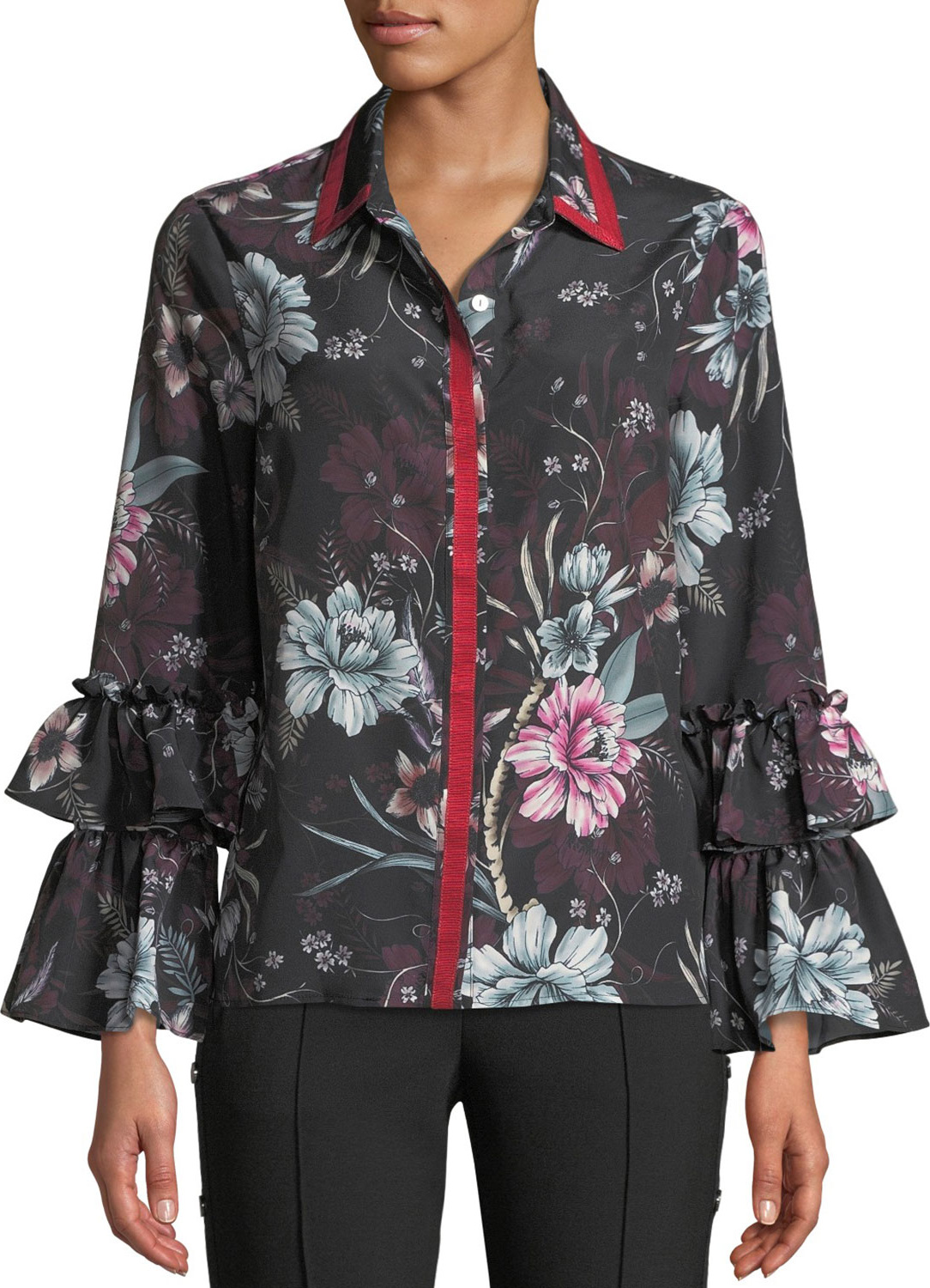Badgley Mischka Floral Bell-Sleeve Blouse