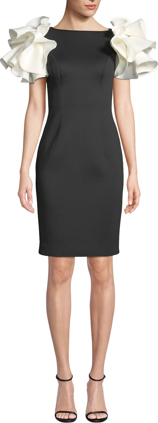 Jovani Bateau-Neck Knee-Length Scuba Dress w/ Contrast Puff Sleeves