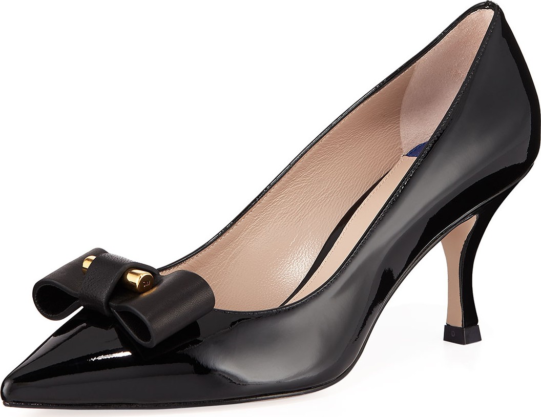Stuart Weitzman Belle Pointe Shiny Leather Bow Mid-Heel Pumps