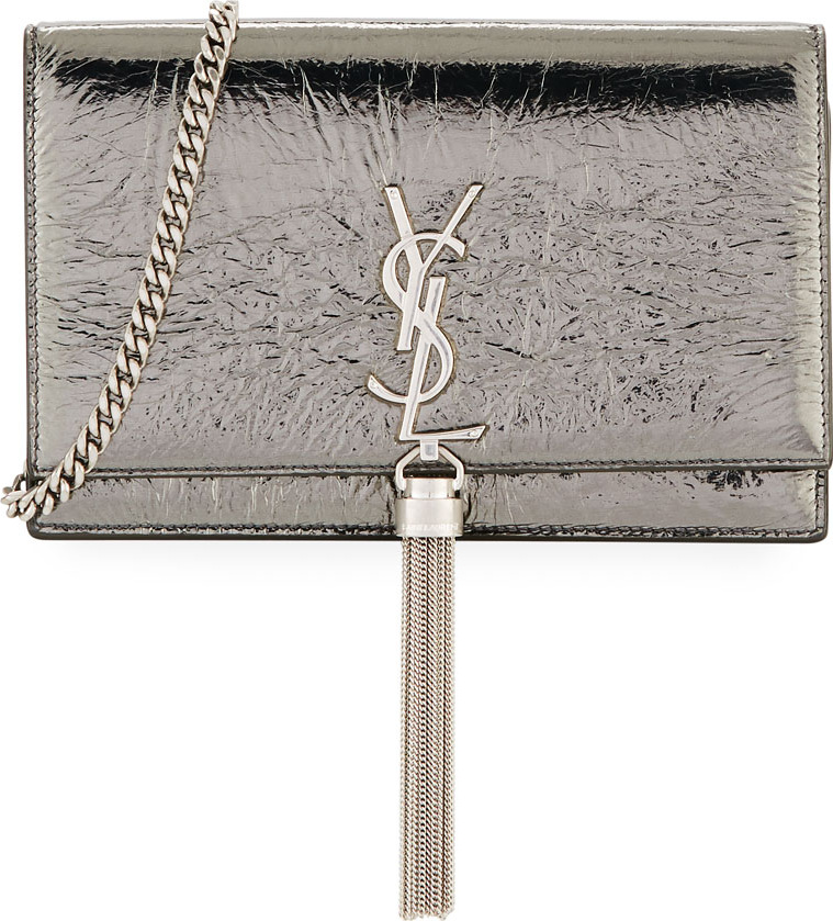 Saint Laurent Monogram YSL Kate Crinkled Metallic Tassel Wallet on Chain