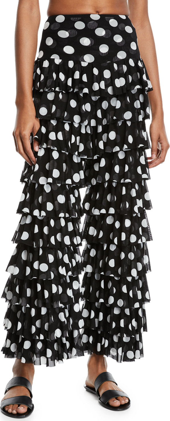 Norma Kamali Tiered Polka-Dot Ruffle Coverup Pants