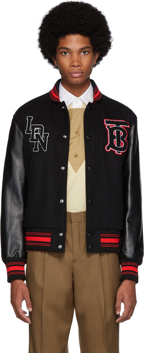 Burberry London England Black Wool & Leather Padfield Bomber Jacket