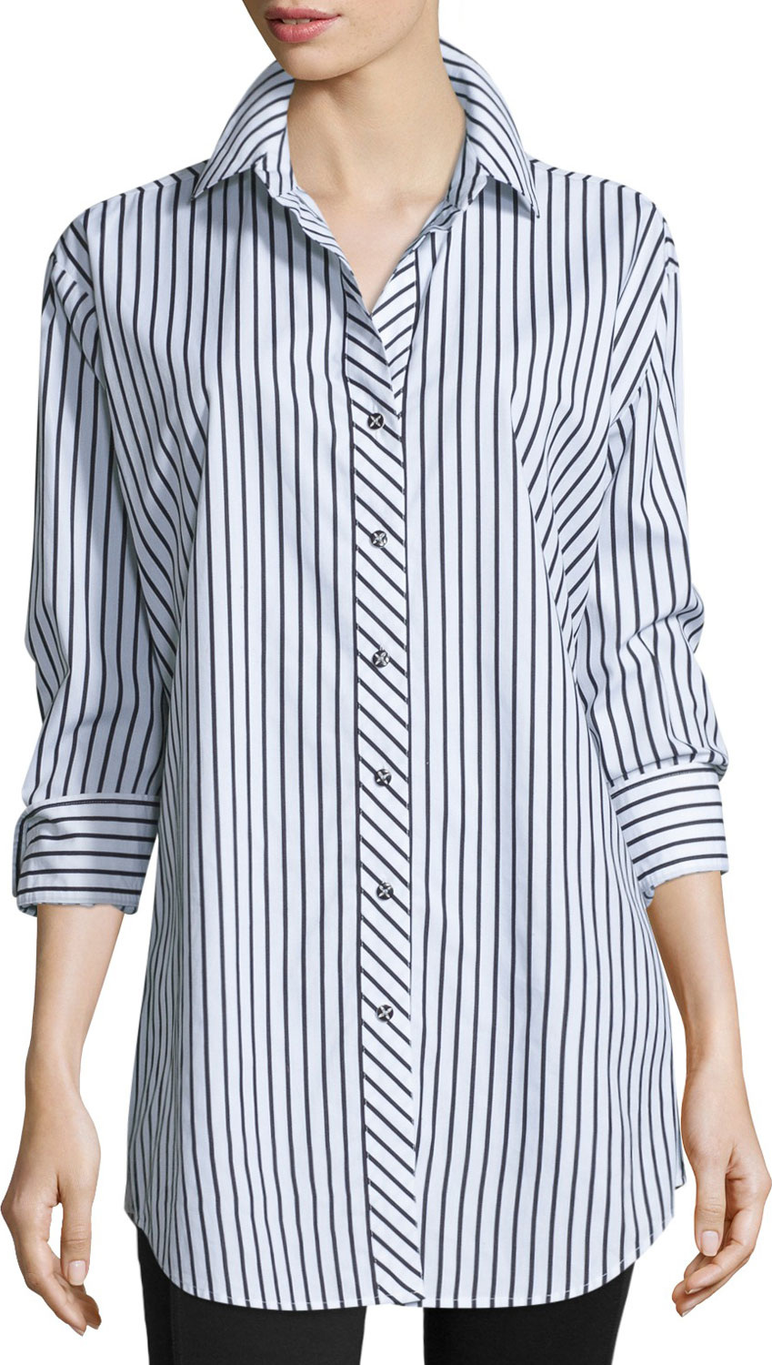 Go Silk Long-Sleeve Skinny-Striped Big Shirt, White/Black