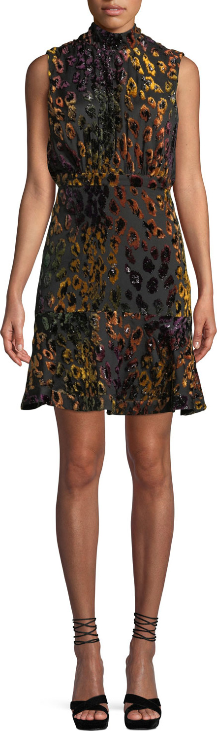 Saloni Fleur Mock-Neck Tie-Back Leopard Velvet Dress