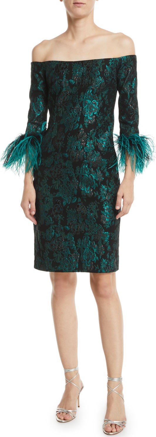 Rickie Freeman for Teri Jon Off-the-Shoulder Jacquard Feather-Cuff Dress