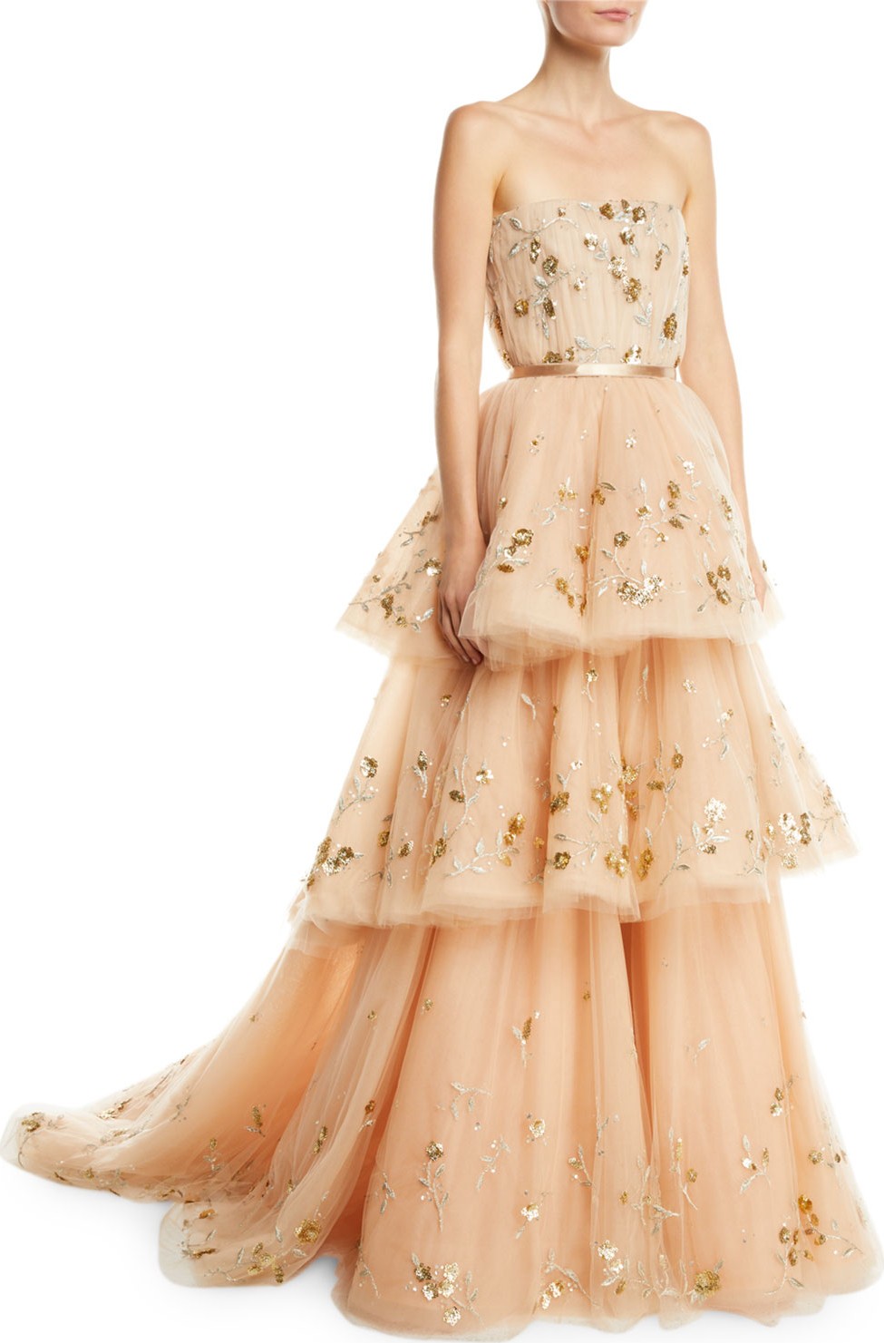 Carolina Herrera Strapless Floral-Embroidered Three-Tiered Tulle Ballgown