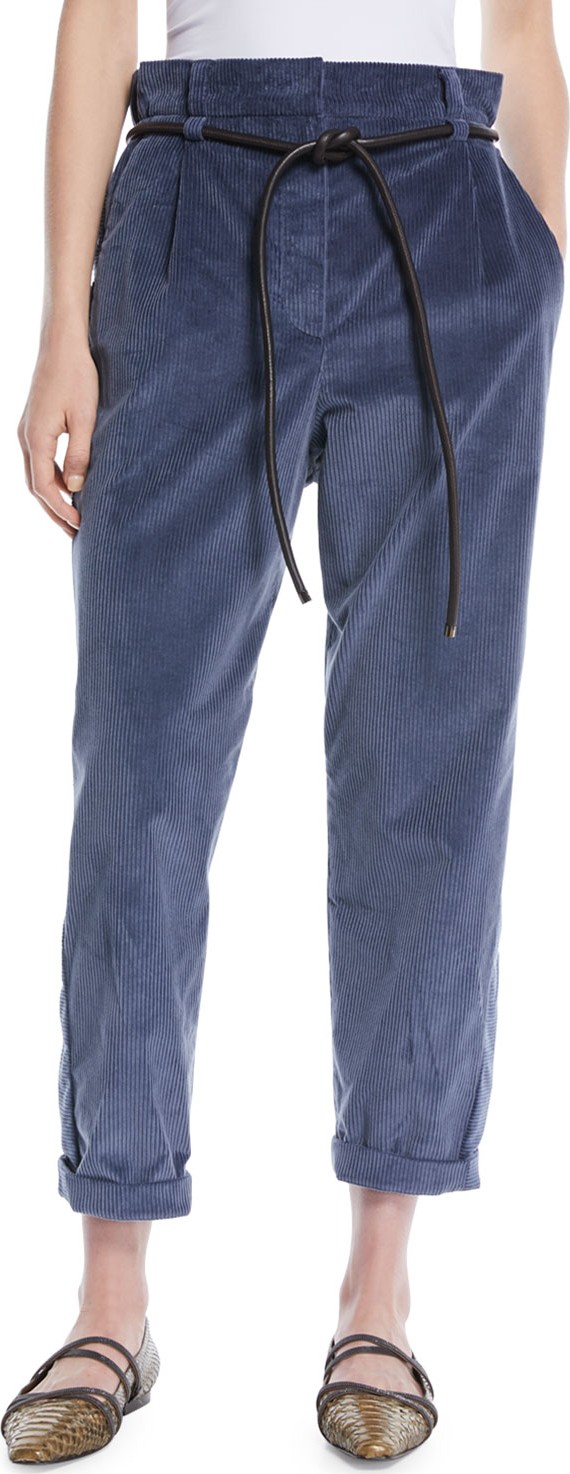 Brunello Cucinelli Gathered-Waist Straight-Leg Corduroy Pants with Leather Rope Belt