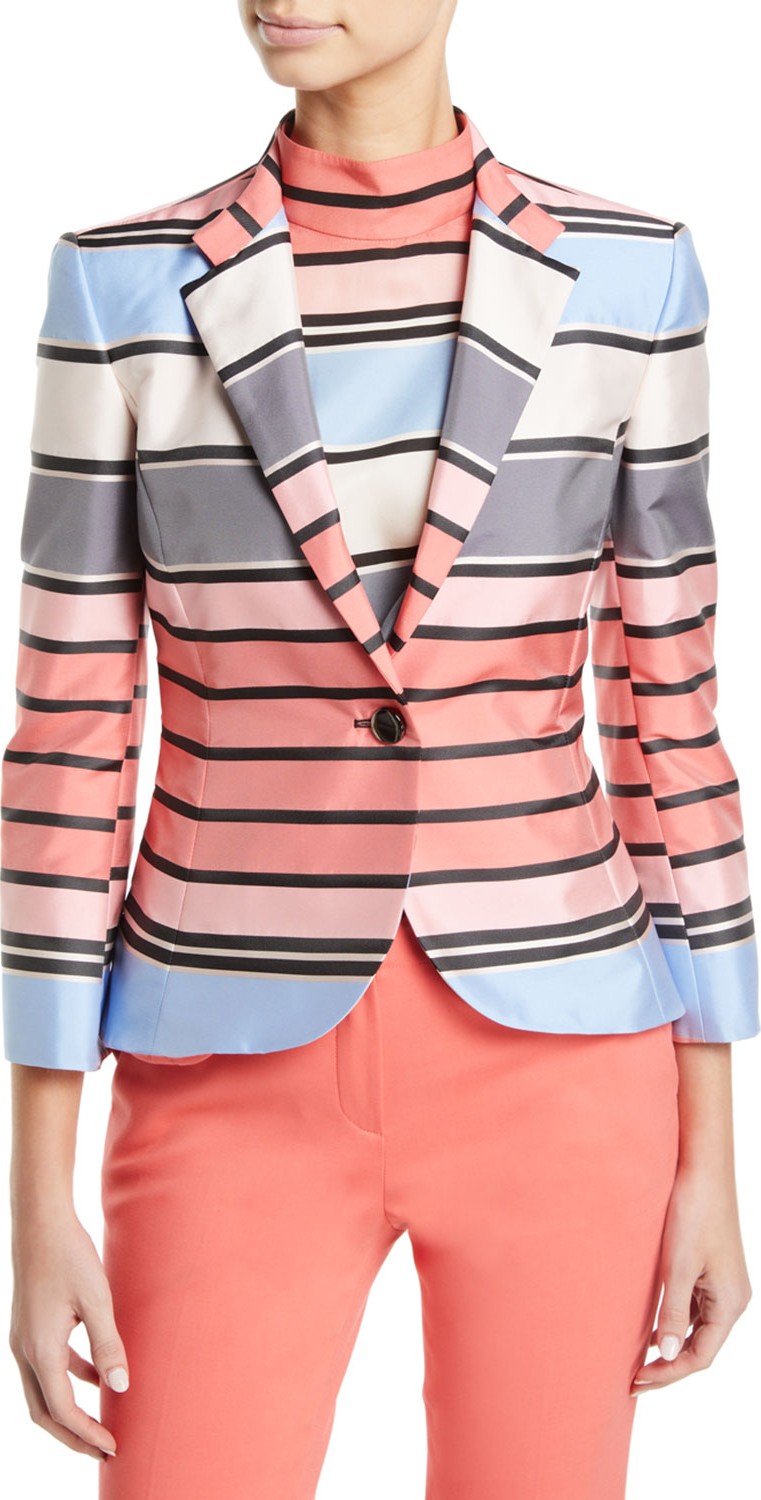 Emporio Armani One-Button 3/4-Sleeve Multicolor Awning-Stripe Taffeta Jacket