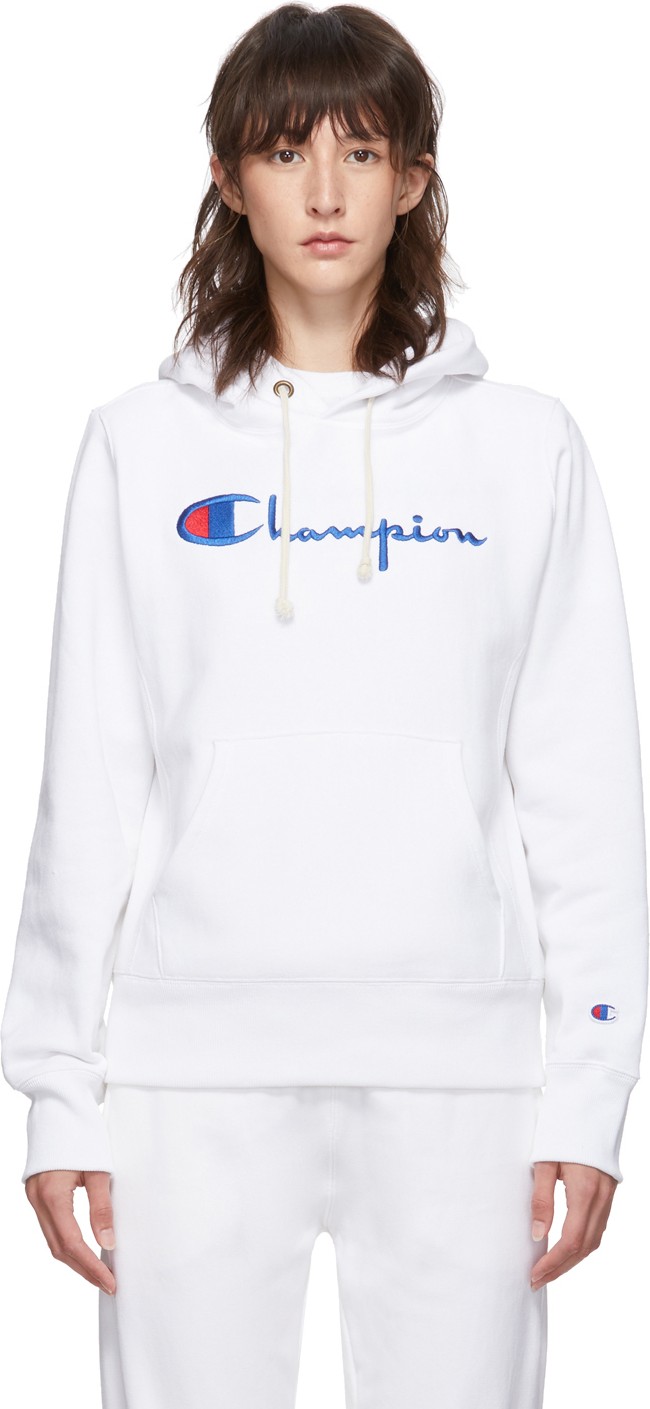 Champion Reverse Weave White Big Script Logo Hoodie