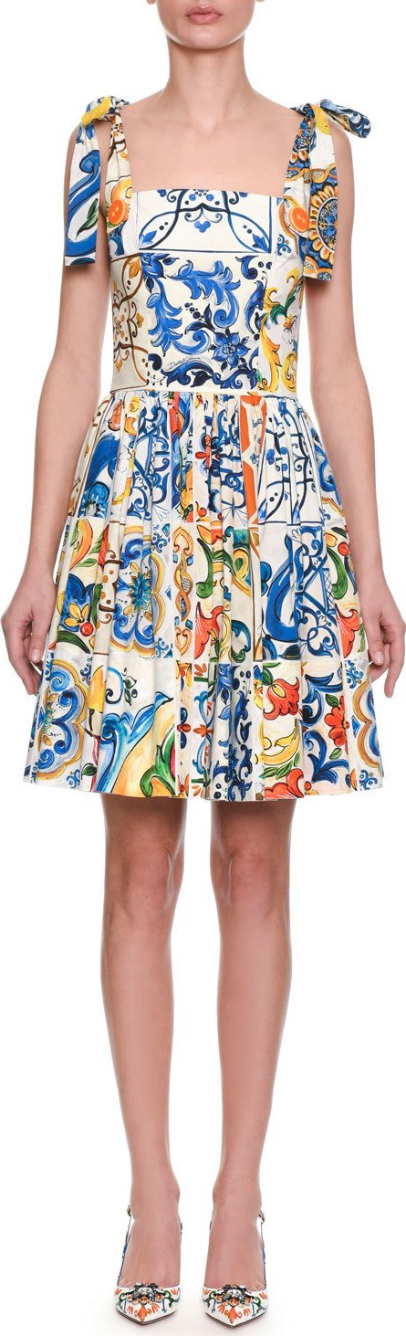 Dolce & Gabbana Sleeveless Fit-and-Flare Tile Print Cotton Dress w/ Ties