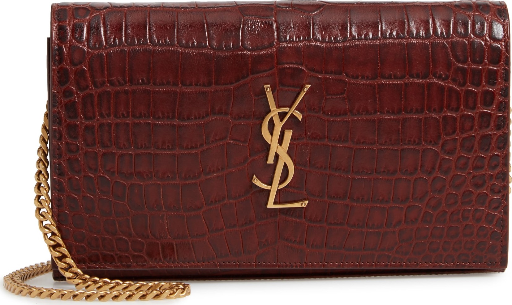 Saint Laurent Kate Croc Embossed Leather Wallet on a Chain