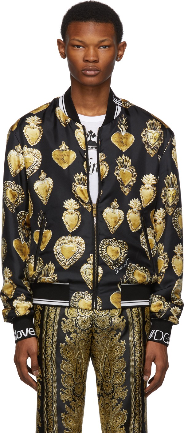 Dolce & Gabbana Black Silk Sacred Heart Bomber Jacket