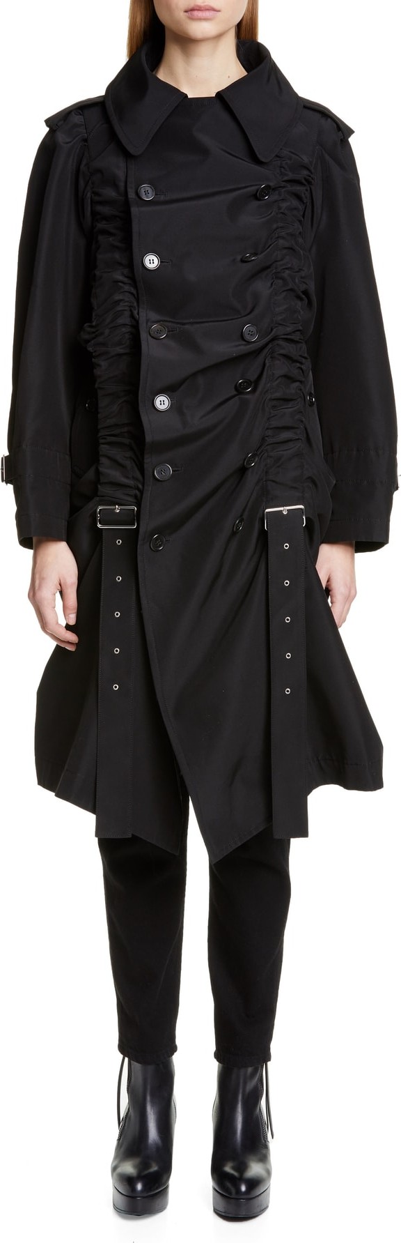 Noir Kei Ninomiya Belt Ruched Double Breasted Cotton & Silk Coat
