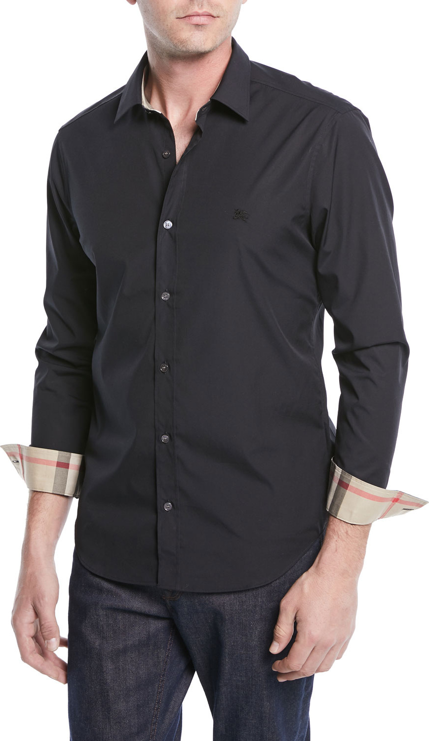 Burberry London England Cambridge Check-Trim Woven Shirt, Black