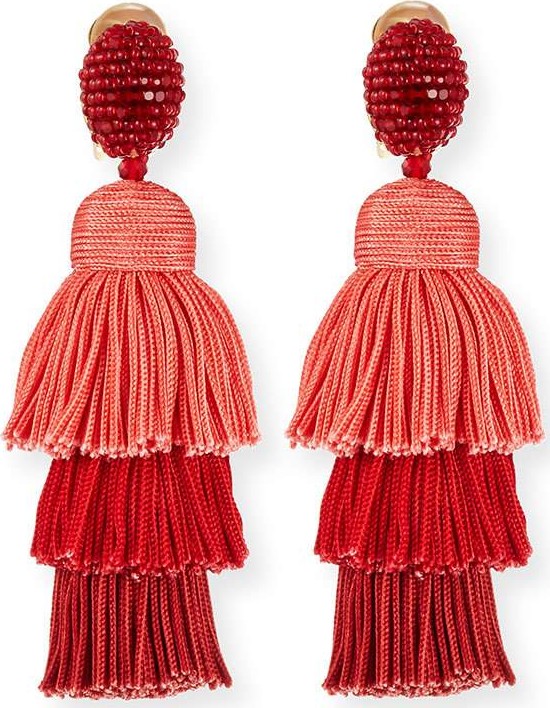 Oscar De La Renta Long Silk Tiered Tassel Clip-On Earrings