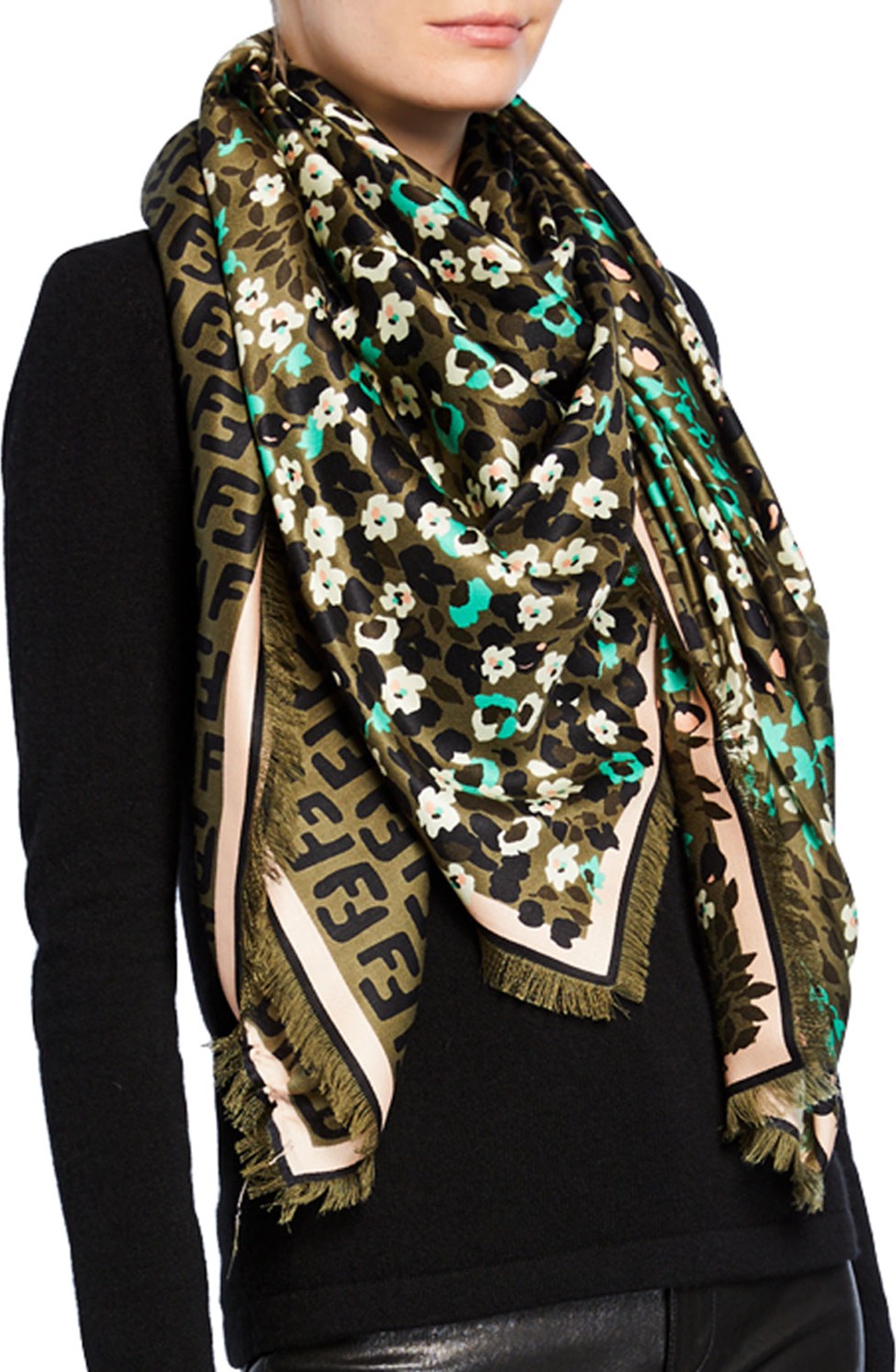 Fendi Floral & FF Print Fringe Scarf