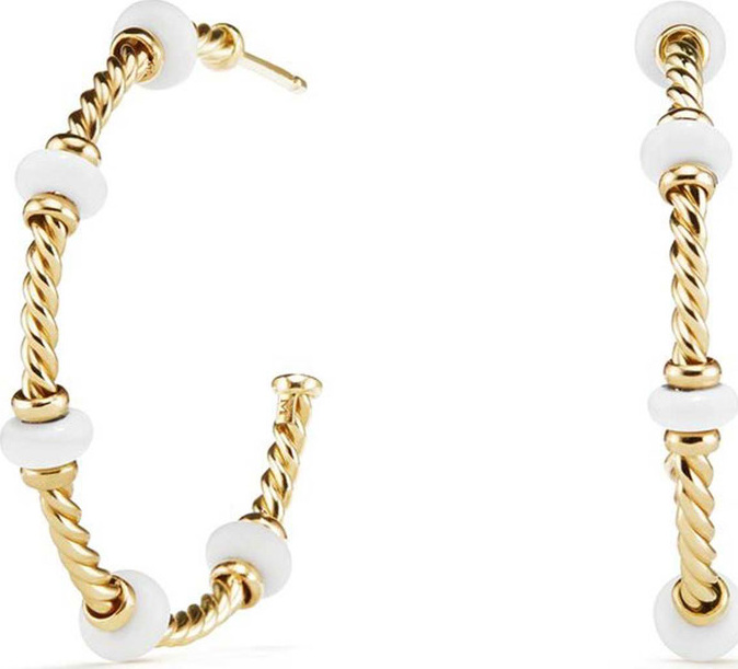 David Yurman 18k Gold Rio Rondelle Hoop Earrings in White Agate