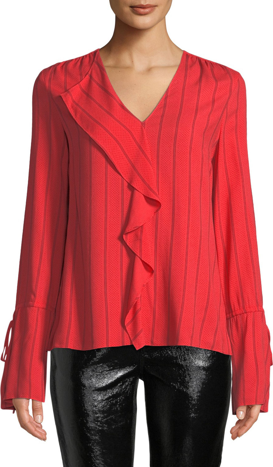 Derek Lam 10 Crosby Striped V-Neck Ruffle Long-Sleeve Blouse