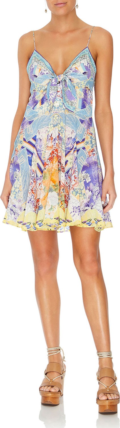 Camilla Printed Tie-Front Silk Pleated Short Dress