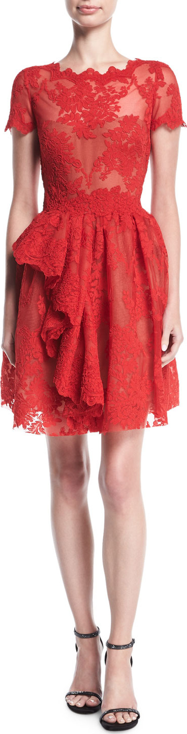 Marchesa Floral Lace Cap-Sleeve Dress