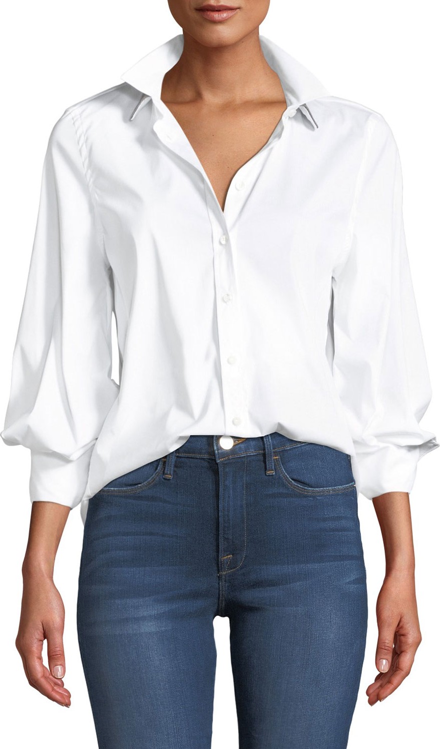 Brunello Cucinelli Long-Sleeve Button-Front Cotton Shirt w/ Monili Trim